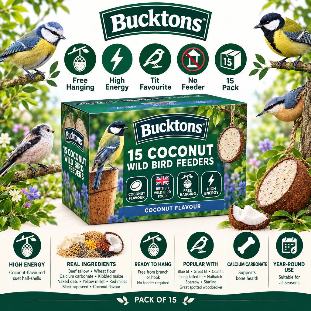 Bucktons Coconut Feeders Pack of 15 Infographic