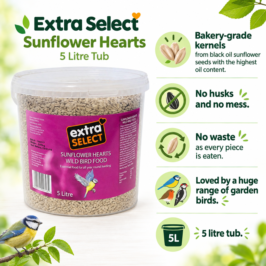 Extra Select Sunflower Hearts 5 Litre Tub infographic