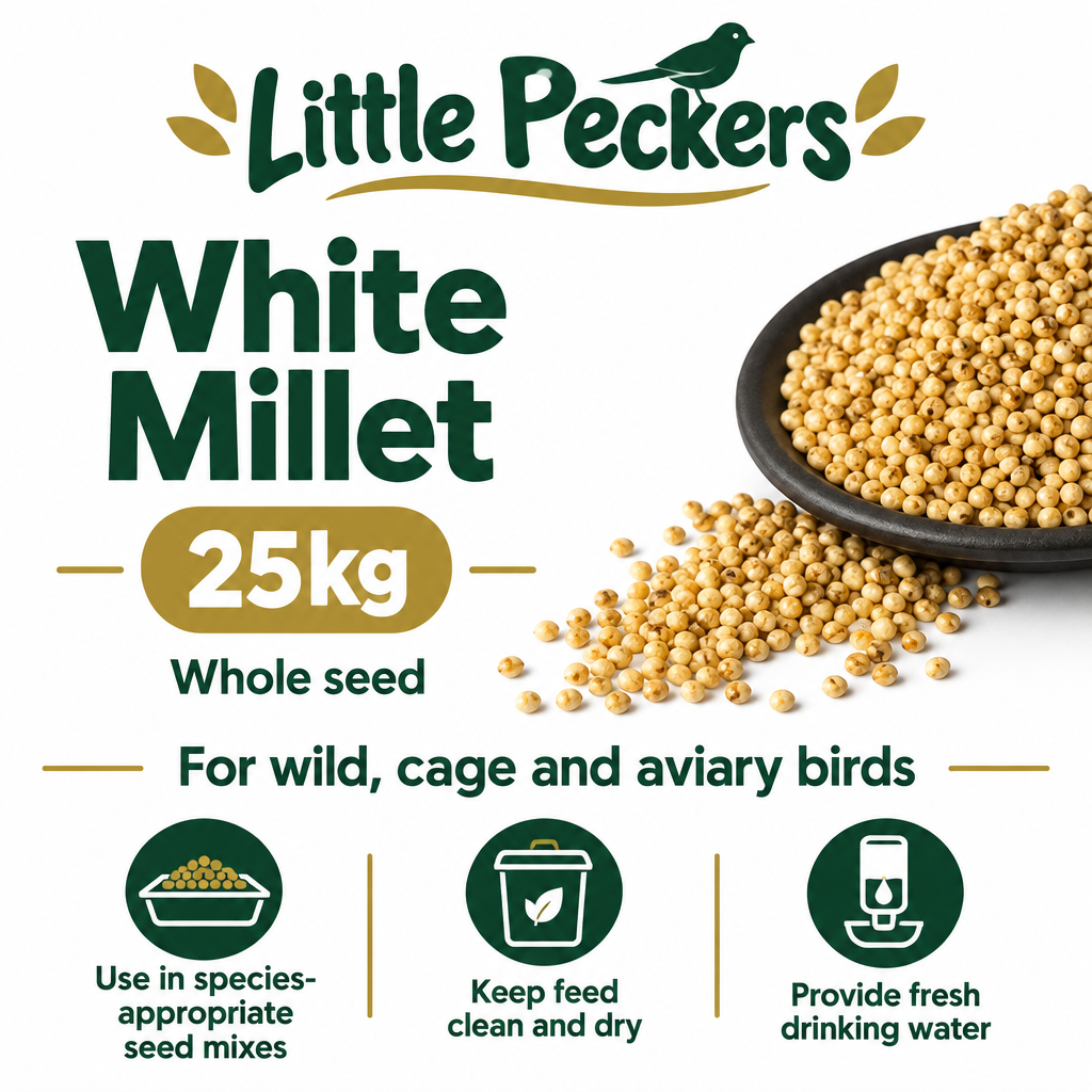 Little Peckers White Millet 25kg infographic with whole seed, feeding and dry storage guidance