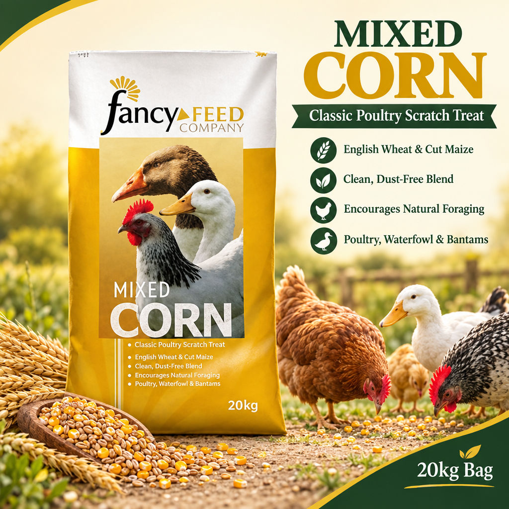 Fancy Feeds Mixed Corn 20kg infographic showing English wheat, cut maize and natural poultry foraging benefits