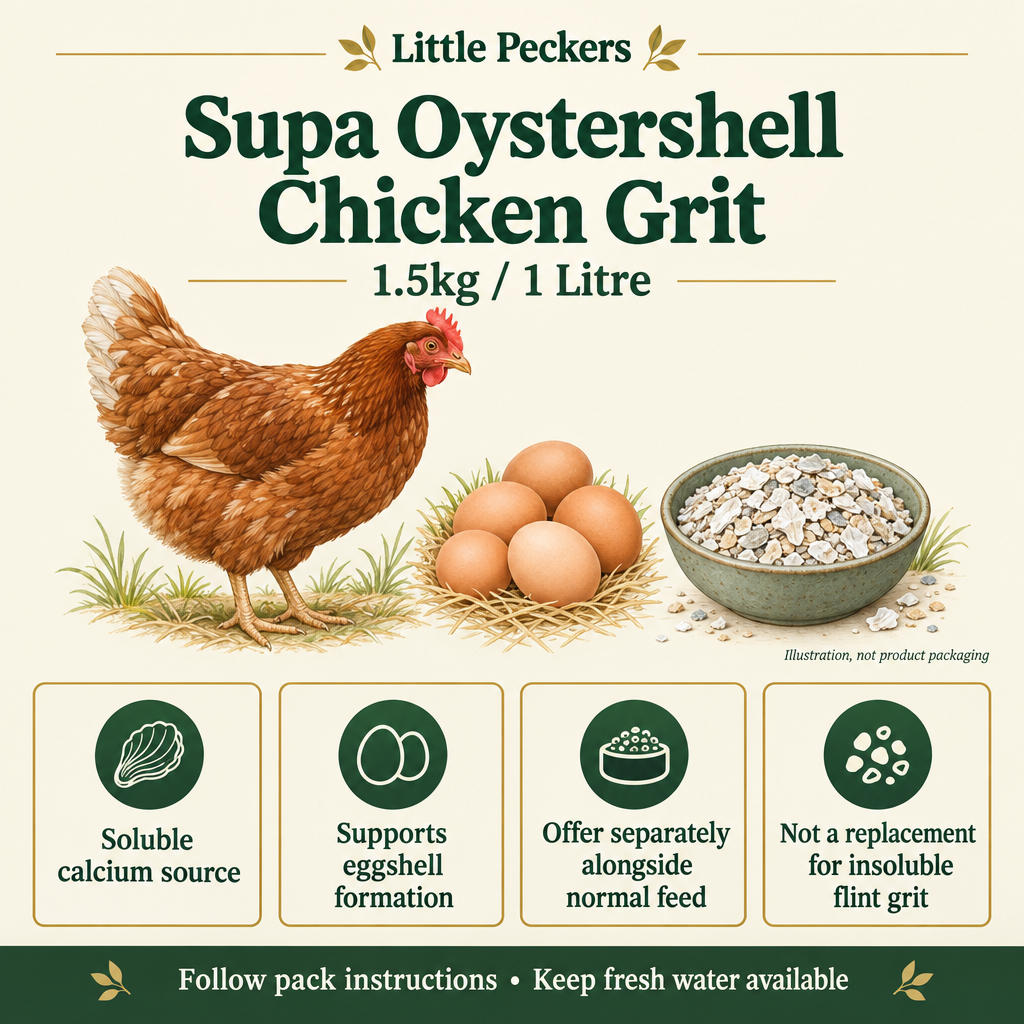 Illustrated guide to Supa Oystershell Chicken Grit 1.5kg, its calcium role and use alongside normal poultry feed.