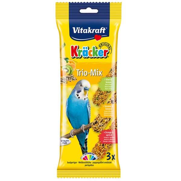 Vitakraft Budgie Kracker Trio Kiwi & Lemon, Sesame & Banana and Orange & Apricot - Case of 7