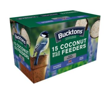 A box of Bucktons 15 Coconut Wild Bird Feeders, featuring a green and blue design with a picture of a blue tit bird on the front, set against a plain white background.