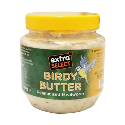 A 350g jar of Extra Select Birdy Butter (Peanut and Mealworm) featuring a bright yellow lid and a green and yellow label with a bird illustration.
