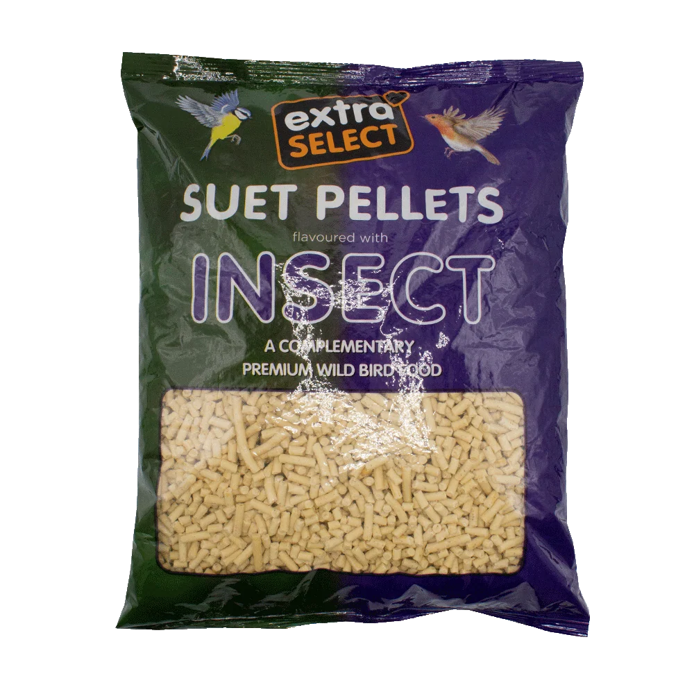 A bag of Extra Select Suet Pellets, insect-flavoured, featuring a dark green and purple packaging design with a clear window showing the beige bird pellets inside.