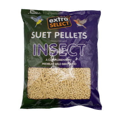 A bag of Extra Select Suet Pellets, insect-flavoured, featuring a dark green and purple packaging design with a clear window showing the beige bird pellets inside.