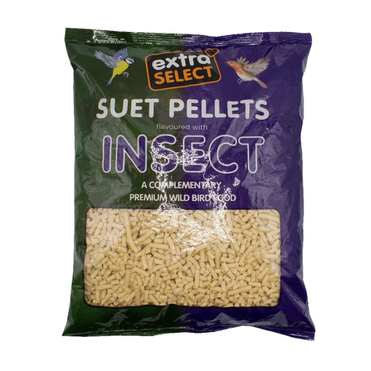 A bag of Extra Select Suet Pellets, insect-flavoured, featuring a dark green and purple packaging design with a clear window showing the beige bird pellets inside.