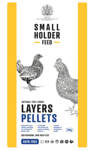 Small Holder Feed Layers Pellets packaging with chicken illustrations on a white background