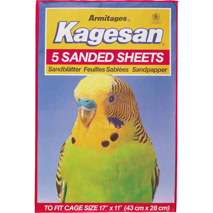 A package of Armitages Kagesan sandpaper sheets for birds, featuring a yellow and green budgerigar on the front. The packaging indicates it contains 5 sanded sheets and is suitable for a 17" x 11" cage.