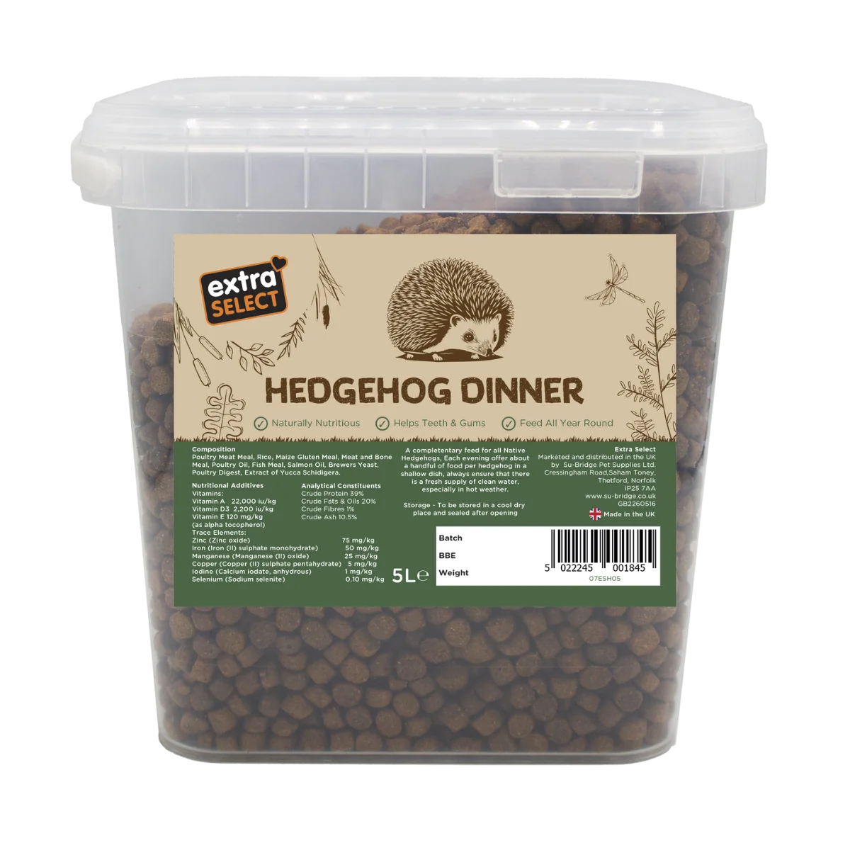 A 5L clear plastic tub of extra select Hedgehog Dinner wet cat food, showing the brown kibble inside, with a beige and green label featuring a hedgehog illustration.