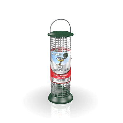 A cylindrical metal peanut feeder with a green top and bottom, a silver wire mesh body, and a hanging loop handle. The center label features a bluebird illustration and text reading 'Peckish' and 'All Weather'.