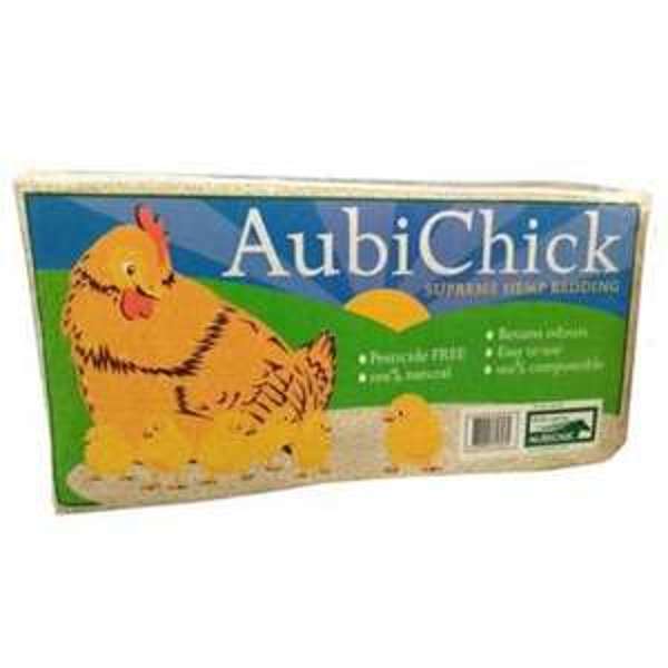 Packaging for Aubichick Hemp Bedding featuring an illustration of a chicken on a green and yellow background, with product information and branding.