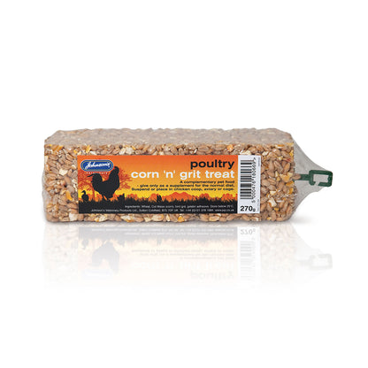 Packaged poultry corn 'n grit treat on a white background