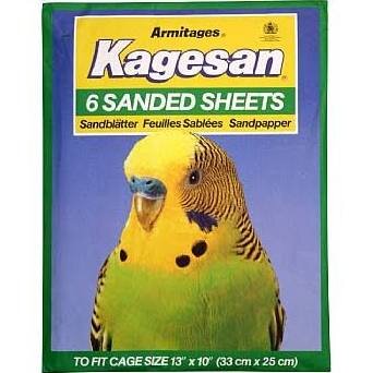 A package of Armitages Kagesan sandpaper sheets, featuring a green and blue background with a picture of a yellow and green budgerigar. The text indicates it contains 6 sanded sheets and is suitable for a cage size of 13" x 10".
