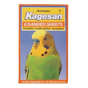 Kagesan Armitages bird sandpaper box with a green and yellow bird illustration on a blue background, featuring orange and yellow branding.