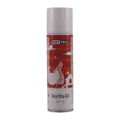 A can of Nettex Poultry Total Mite Kill Spray with a red and white color scheme featuring illustrations of chickens and a barn.
