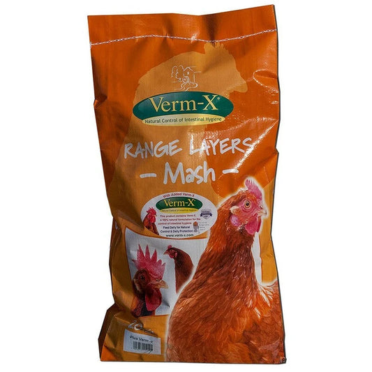 Verm-X Range Layers Mash packaging with a chicken on a white background