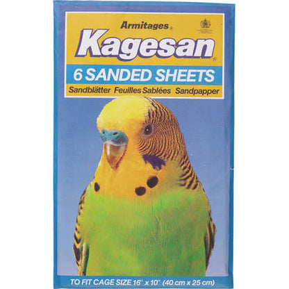 A package of Armitages Kagesan sandpapper for budgerigars, featuring a yellow and green bird on a blue background with text indicating 6 sanded sheets.