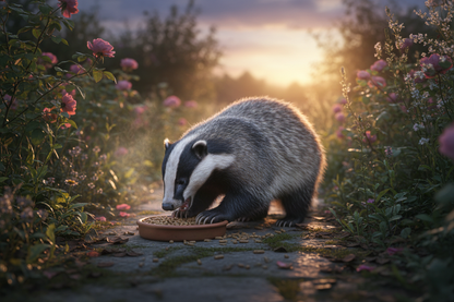 Badger eating food in garden at dusk