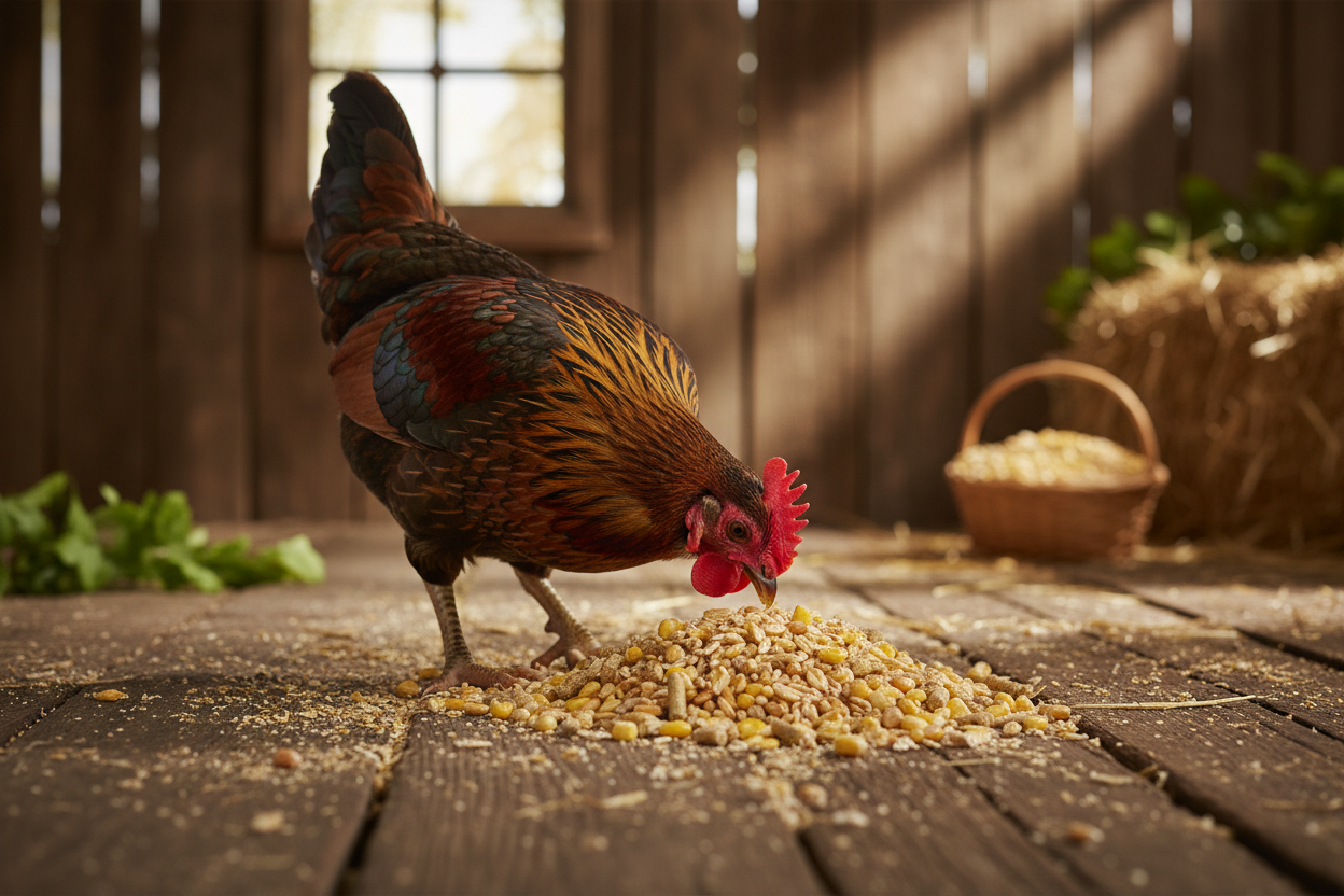 Bantam chicken eating Gold 4 Mix