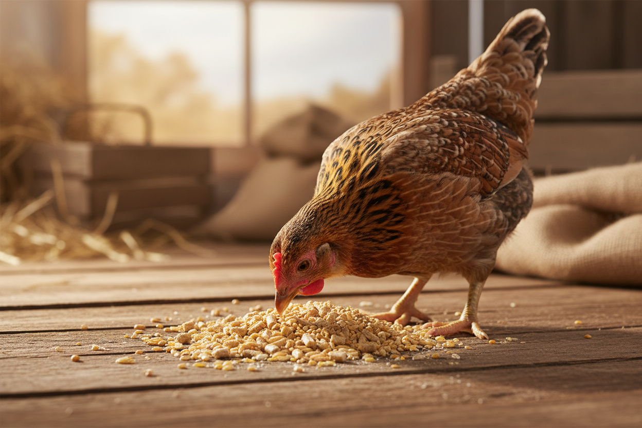 Bantam chicken eating Mini Gold 4 Mix