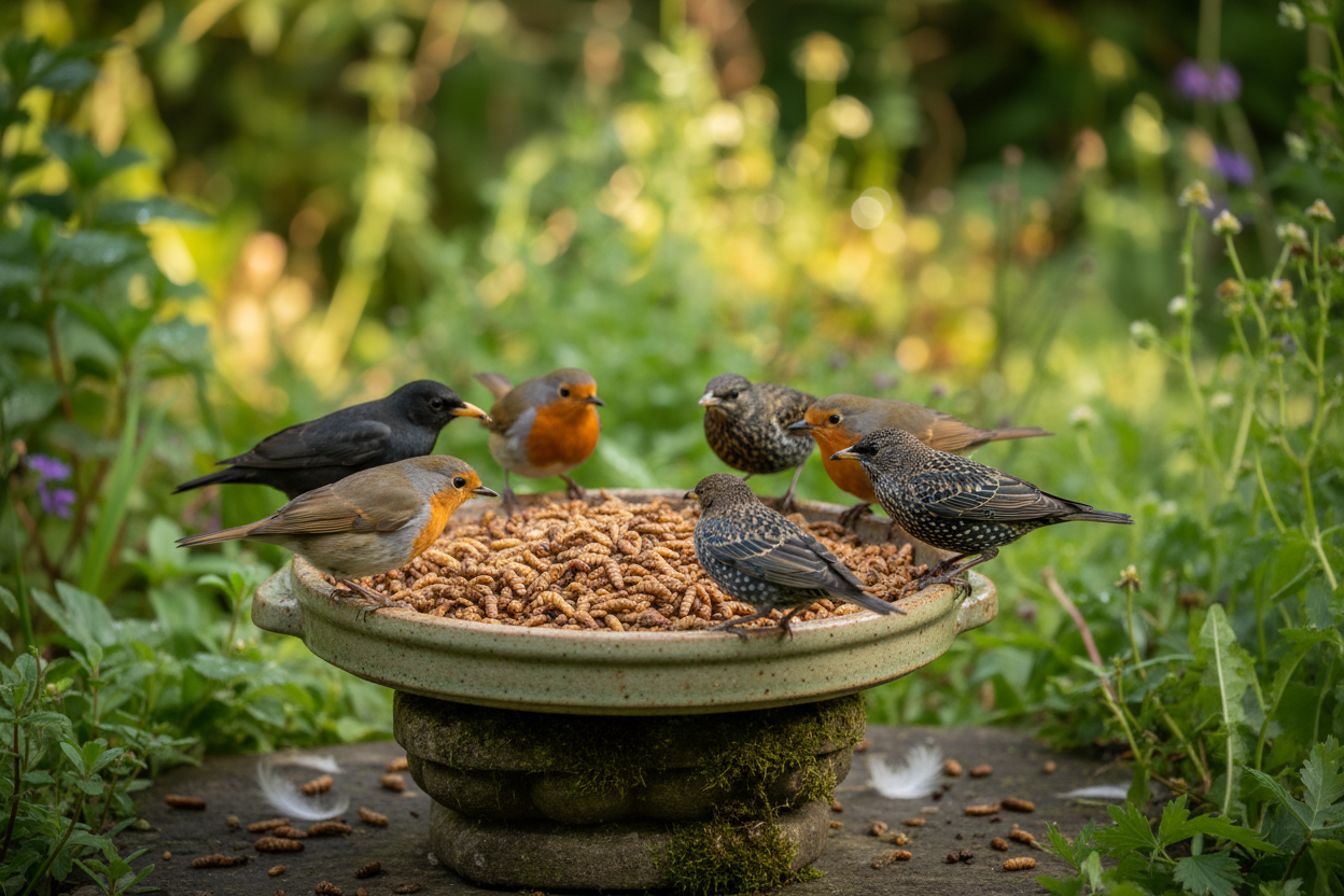 Birds eating calciworms from a garden feeding dish