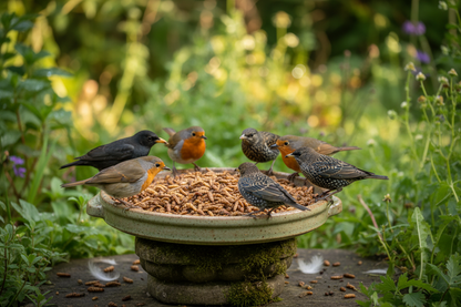 Birds eating calciworms from a garden feeding dish