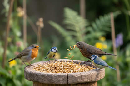 Birds eating dried mealworms in a garden