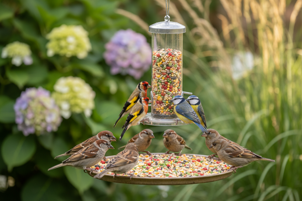 Birds eating no mess seed mix in a garden