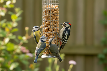 Birds eating peanuts from a garden feeder