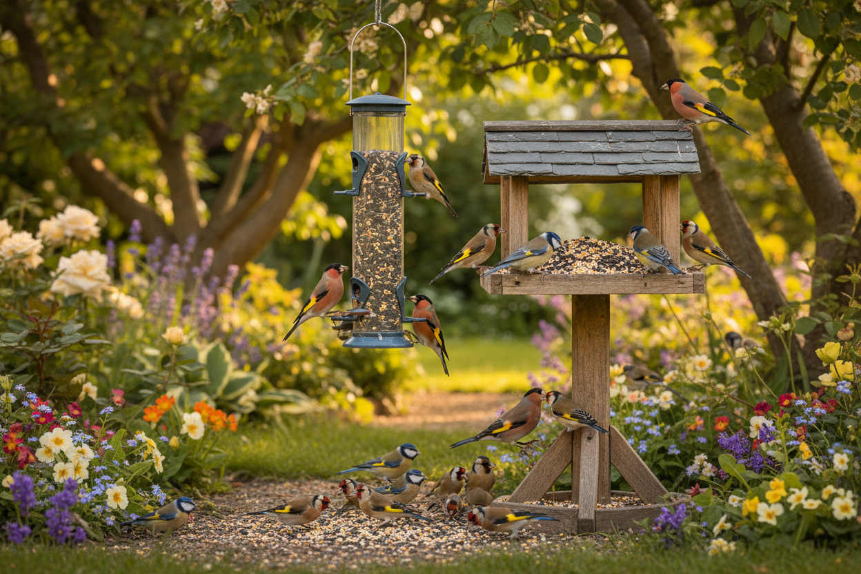 Birds eating premium wild bird seed mix in a garden