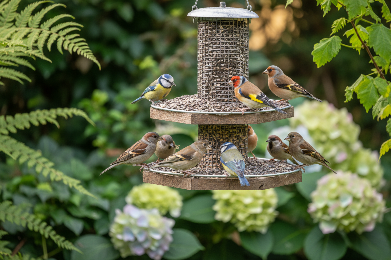 Birds eating sunflower hearts from a garden feeder