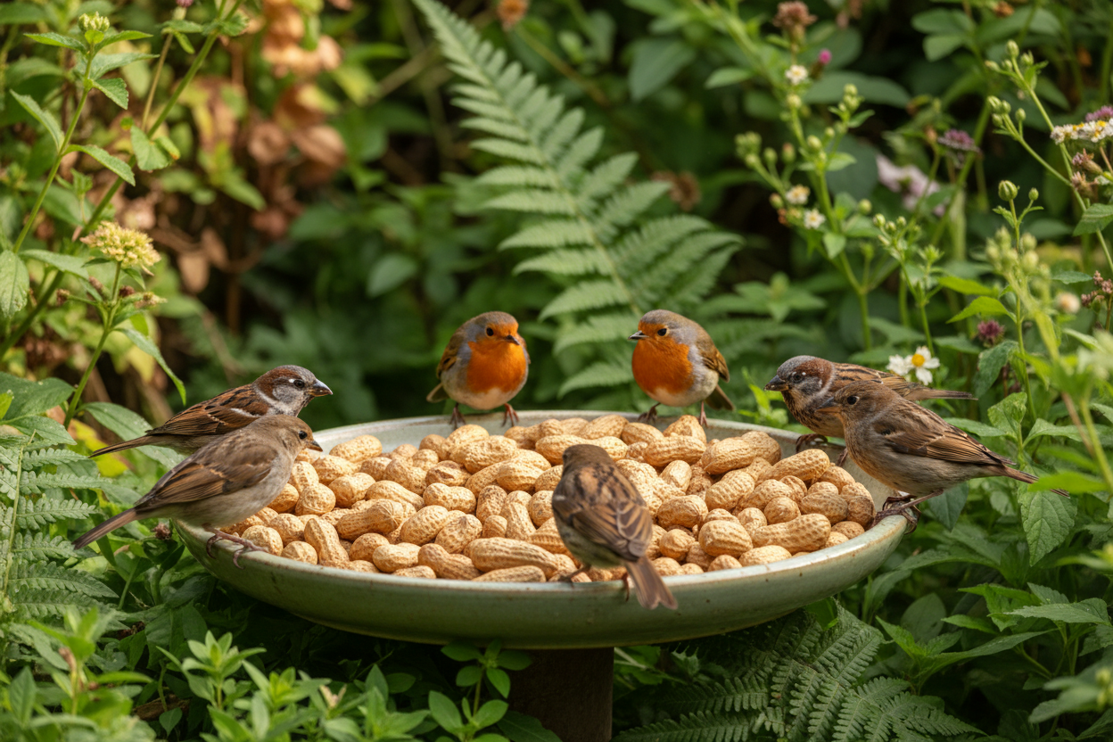 Birds eating whole peanuts from a garden feeding tray