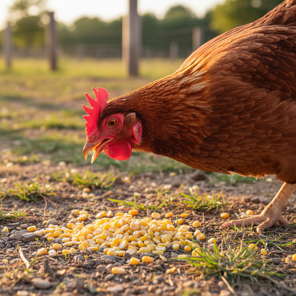 Chicken eating kibbled maize