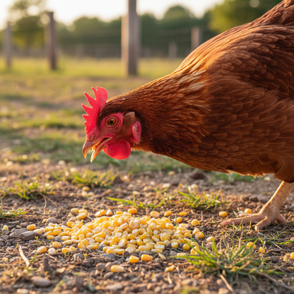 Chicken eating kibbled maize