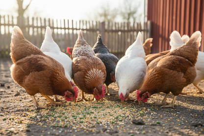 Chickens eating Garvo Alfamix chicken feed in a farmyard