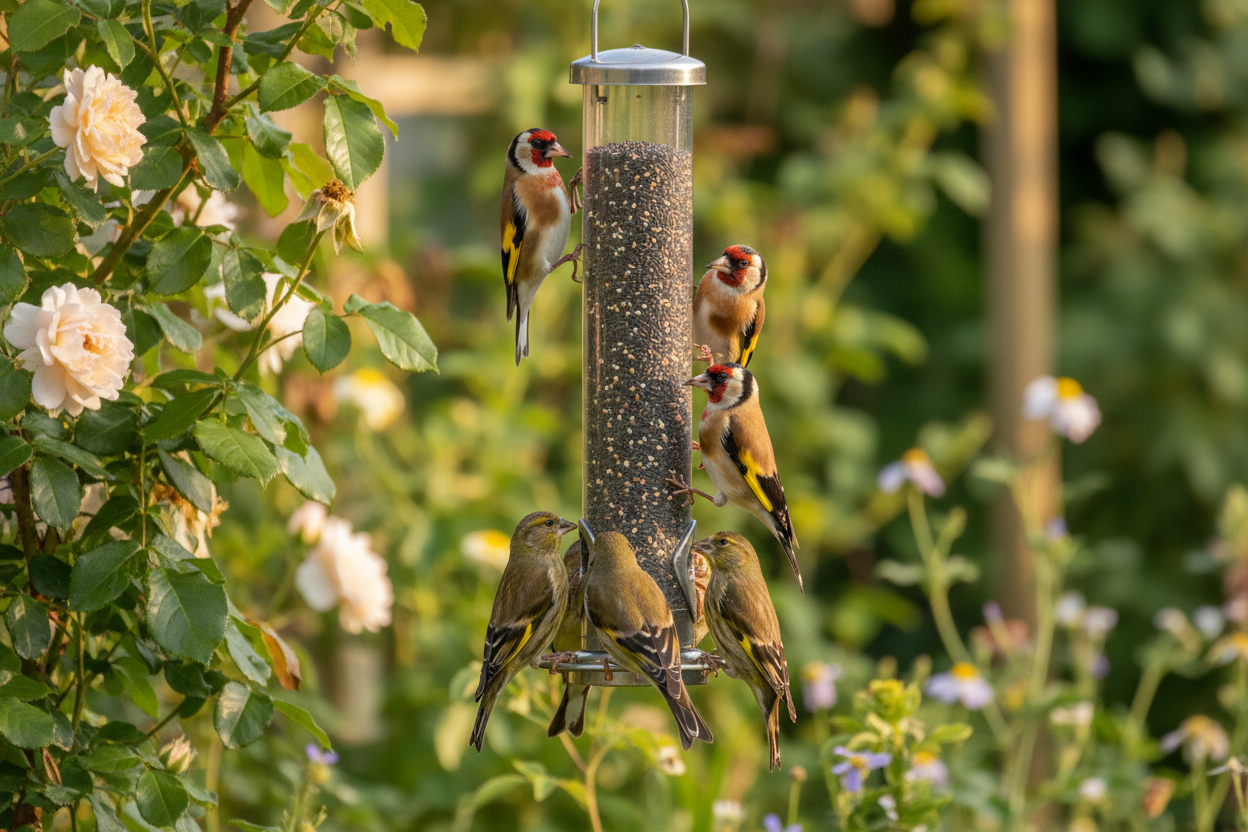 Goldfinches eating nyjer seed from a garden feeder