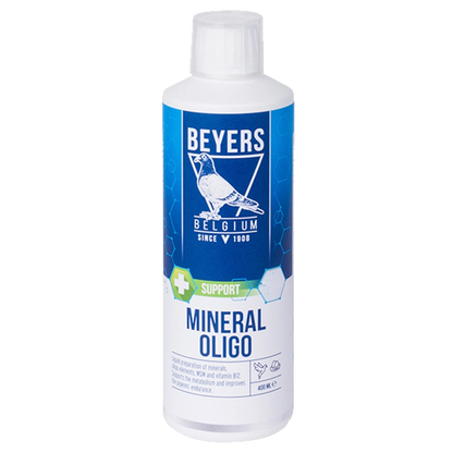 A white plastic bottle of Beyers Mineral Oligo supplement for birds, featuring a blue and white label with a bird logo and a green 'SUPPORT' accent.