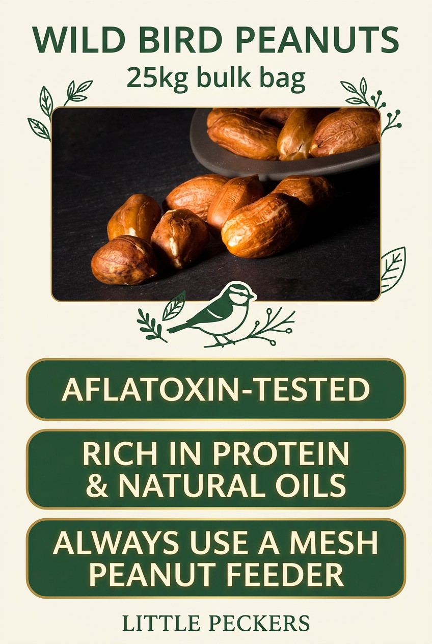 Little Peckers wild bird peanuts, 25kg: aflatoxin-tested, rich in protein and natural oils, and to be offered in a mesh peanut feeder.