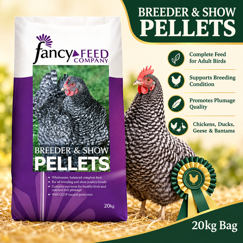 Fancy Feeds Breeder and Show Pellets 20kg infographic showing benefits for adult chickens, ducks, geese and bantams