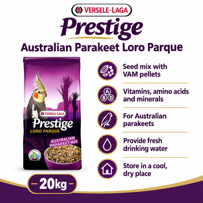 Versele-Laga Prestige Australian Parakeet Loro Parque 20kg infographic with VAM pellets and feeding guidance