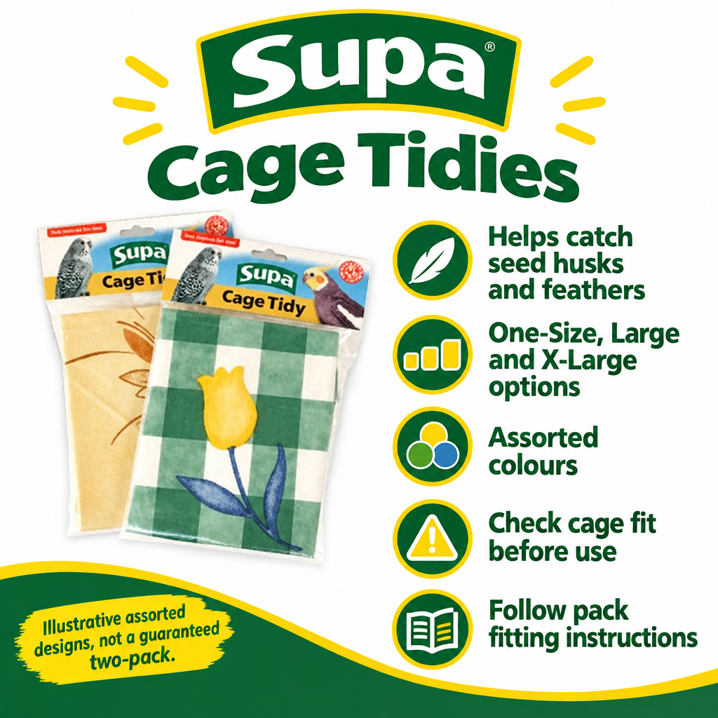 Supa Cage Tidies assorted packaged designs with size options, debris-catching purpose and fitting guidance