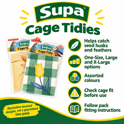 Supa Cage Tidies assorted packaged designs with size options, debris-catching purpose and fitting guidance