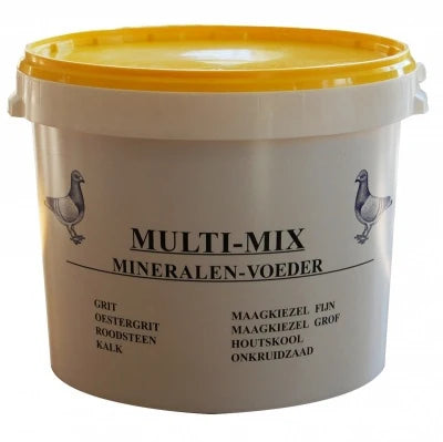 A white plastic bucket of Multi-Mix Mineral Feed with a yellow lid, featuring black text and pigeon illustrations on the front.