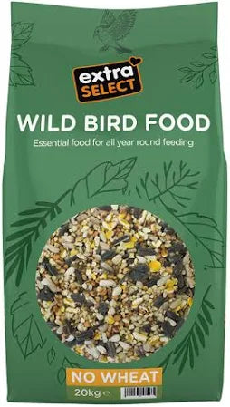 Bag of Extra Select no wheat wild bird food with a green background