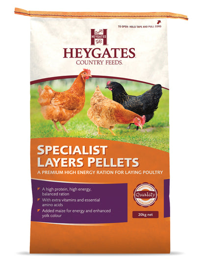 Bag of Heygates Country Feeds Specialist Layers Pellets with images of chickens on a white background