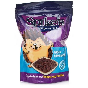Spike's hedgehog food packaging with a cartoon hedgehog on a white background