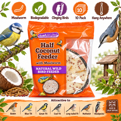 Suet to Go Half Filled Coconut Mealworm 10 Pack Infographic