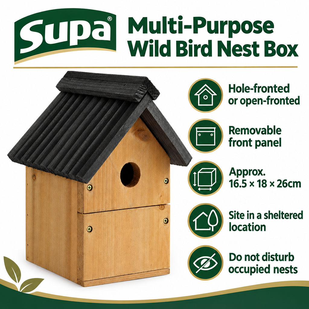 Supa wooden multi-purpose nest box infographic showing removable front and approximate dimensions