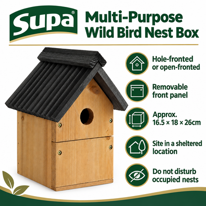 Supa wooden multi-purpose nest box infographic showing removable front and approximate dimensions